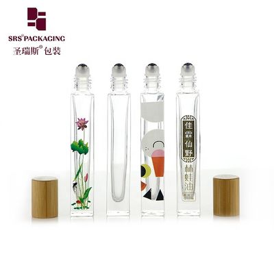 खरीदें 10ml High End Empty Square Glass Roll On Bottle with Bamboo Wooden Cap and 3D Printing Logo Service for Perfume Oil Serum ऑनलाइन निर्माण