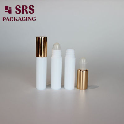 SRS खाली कॉस्मेटिक 5ml सफेद प्लास्टिक रोलर बोतल सोने के एल्यूमीनियम ढक्कन के साथ